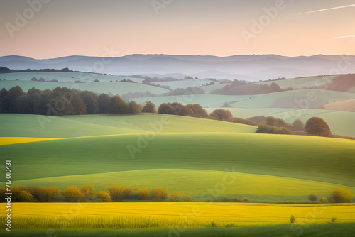 A peaceful countryside with rolling hills and farmland