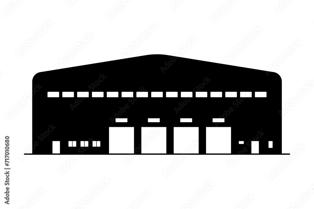 Building icon. Warehouse, garage, hangar. Black silhouette. Front view. Vector simple flat graphic illustration. Isolated object on a white background. Isolate. Building icon. Warehouse, garage, hangar. Black silhouette. Front view. Vector simple flat graphic illustration. Isolated object on a white background. Isolate.