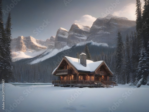 Beautiful scenery of Lake with wooden cottage glowing and rocky mountains with snow covered in winter at park. Generative AI © Royalty-Free