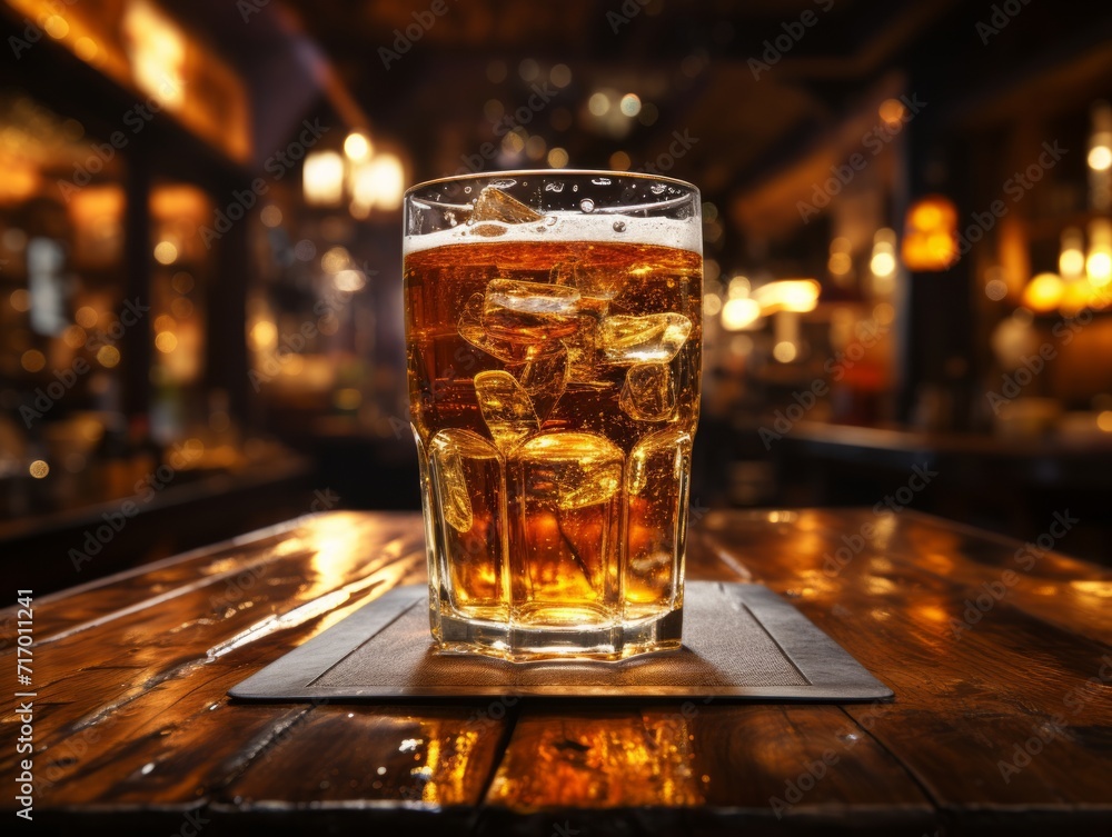 Glass of beer on wooden table in pub closeup. Glass of beer on wooden table in pub closeup.