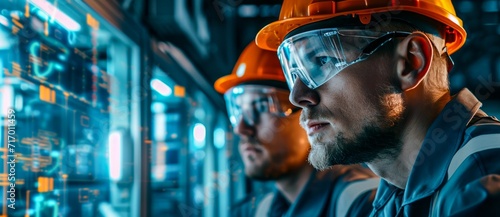 A team of rugged men donning protective gear and sporting beards stands proudly on the busy street, ready to tackle their construction project with their trusty hard hats and goggles © Radomir Jovanovic