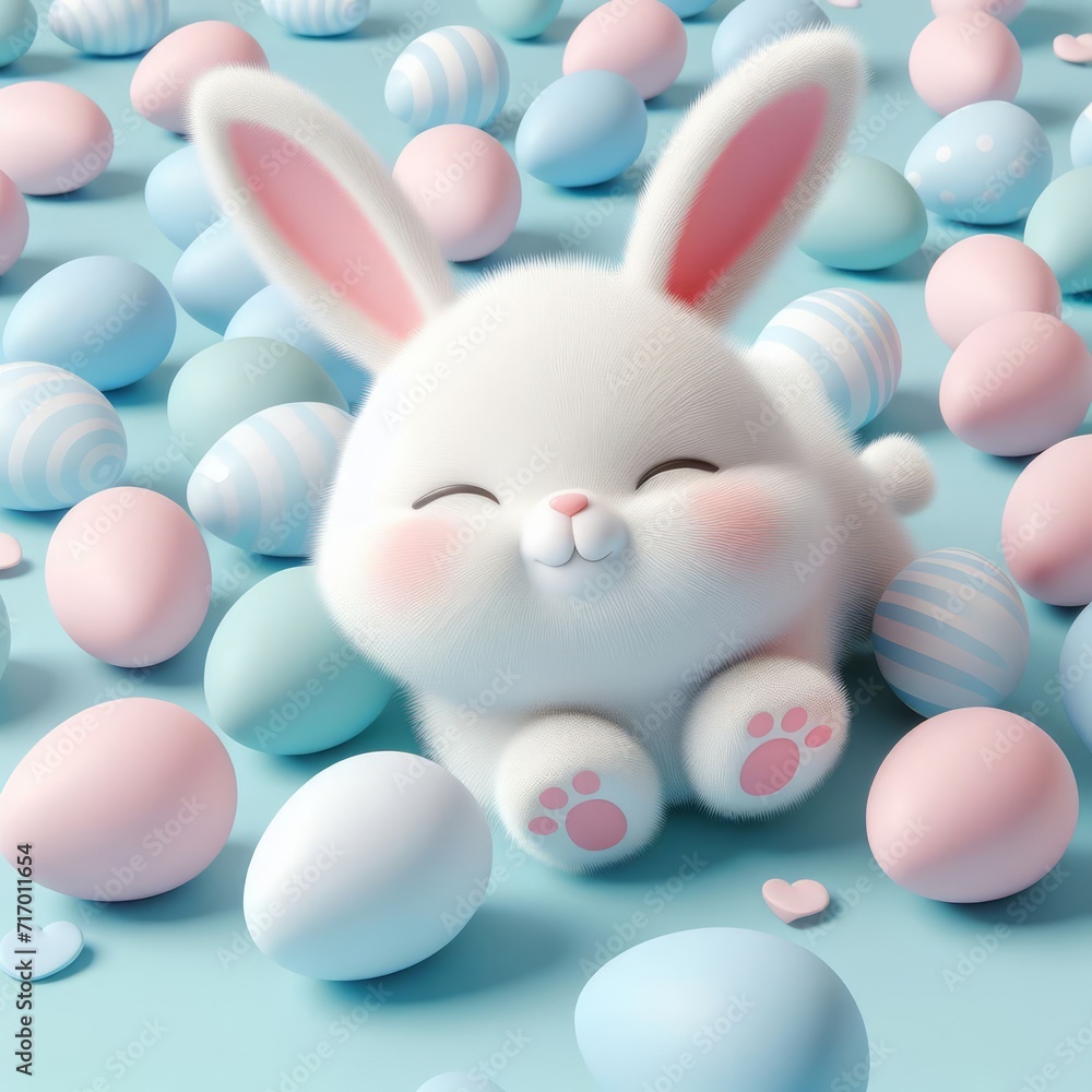 Cute fluffy white Easter bunny is lying among the eggs on a pastel blue background. Easter holiday concept in minimalism style. Fashion monochromatic composition. Copy space for design. Cute fluffy white Easter bunny is lying among the eggs on a pastel blue background. Easter holiday concept in minimalism style. Fashion monochromatic composition. Copy space for design.