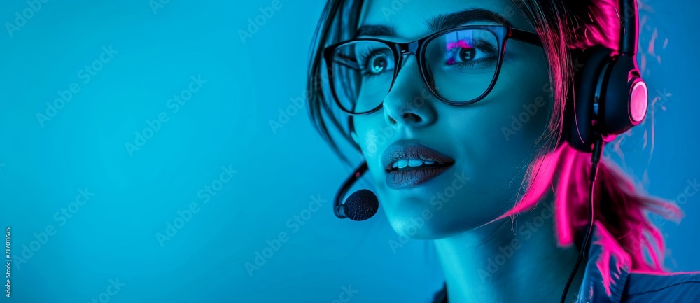 A woman's captivating gaze, framed by long lashes and accentuated by bold glasses, exudes a sense of artful confidence as she wears a headset indoors