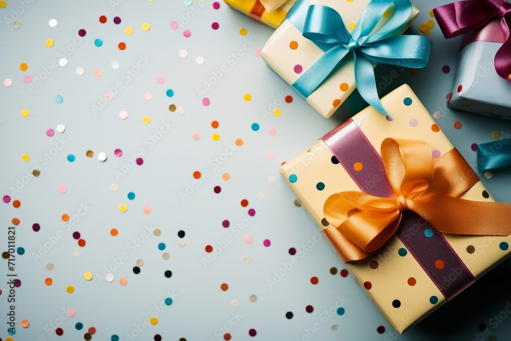 Multi-colored holiday gift boxes with satin ribbons and confetti. Top view with copy space for celebration. Multi-colored holiday gift boxes with satin ribbons and confetti. Top view with copy space for celebration.