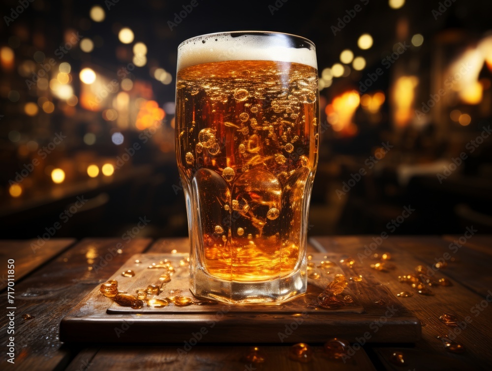 Glass of beer on wooden table in pub closeup. Glass of beer on wooden table in pub closeup.