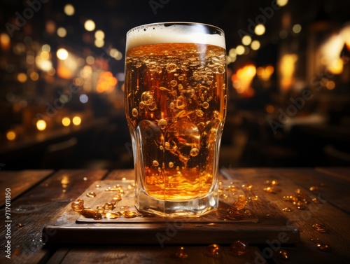 Glass of beer on wooden table in pub closeup.