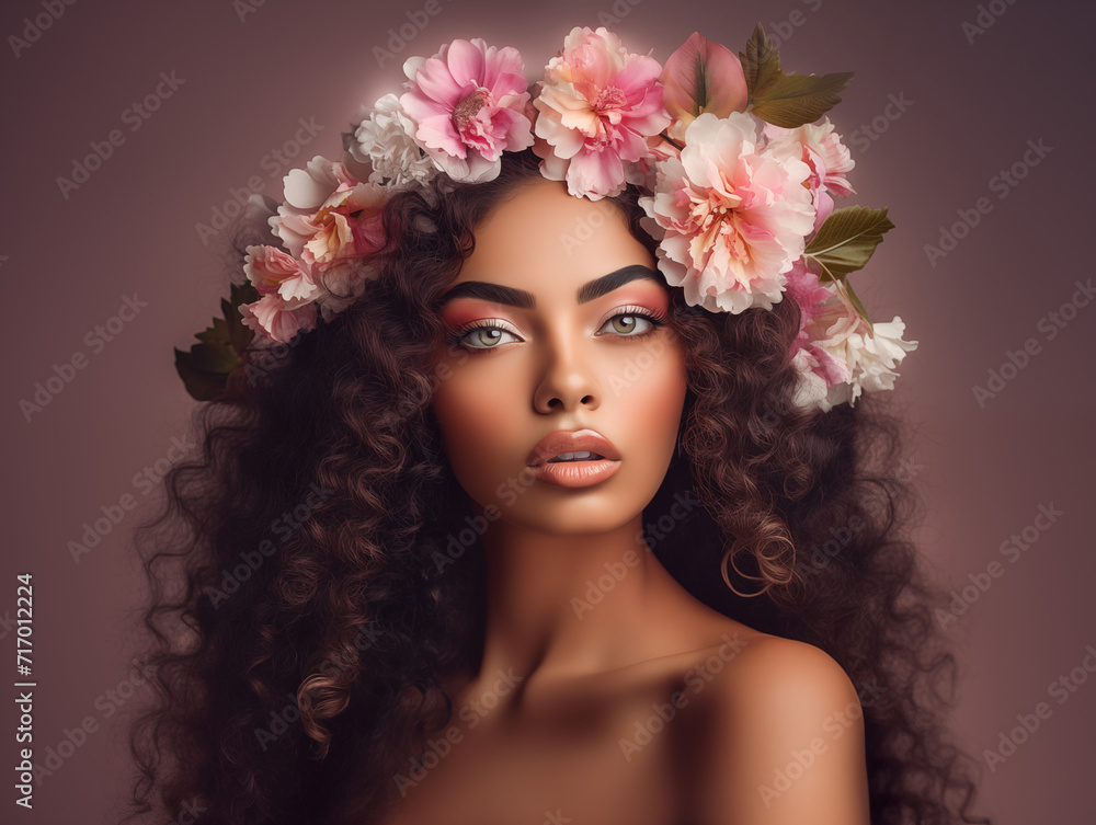 Gorgeous Beautiful young woman portrait, with wreath of pink and white exotic flowers on her head, Beauty Model, tropical woman face, amazing eyes, curly tick brown hair, Fashion Art