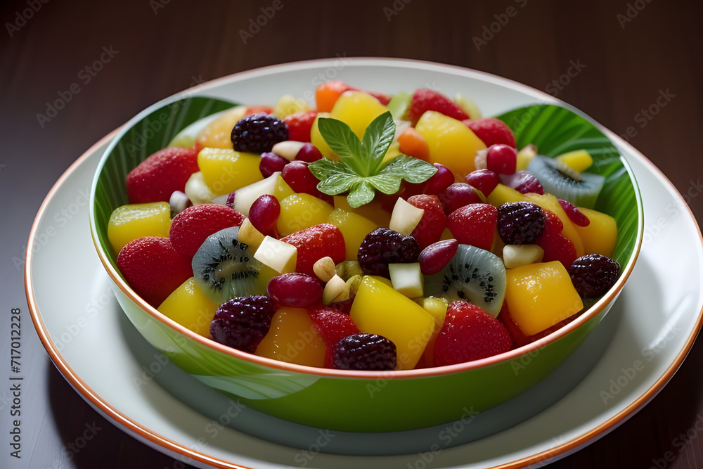 A vibrant tropical fruit salad with various fruits