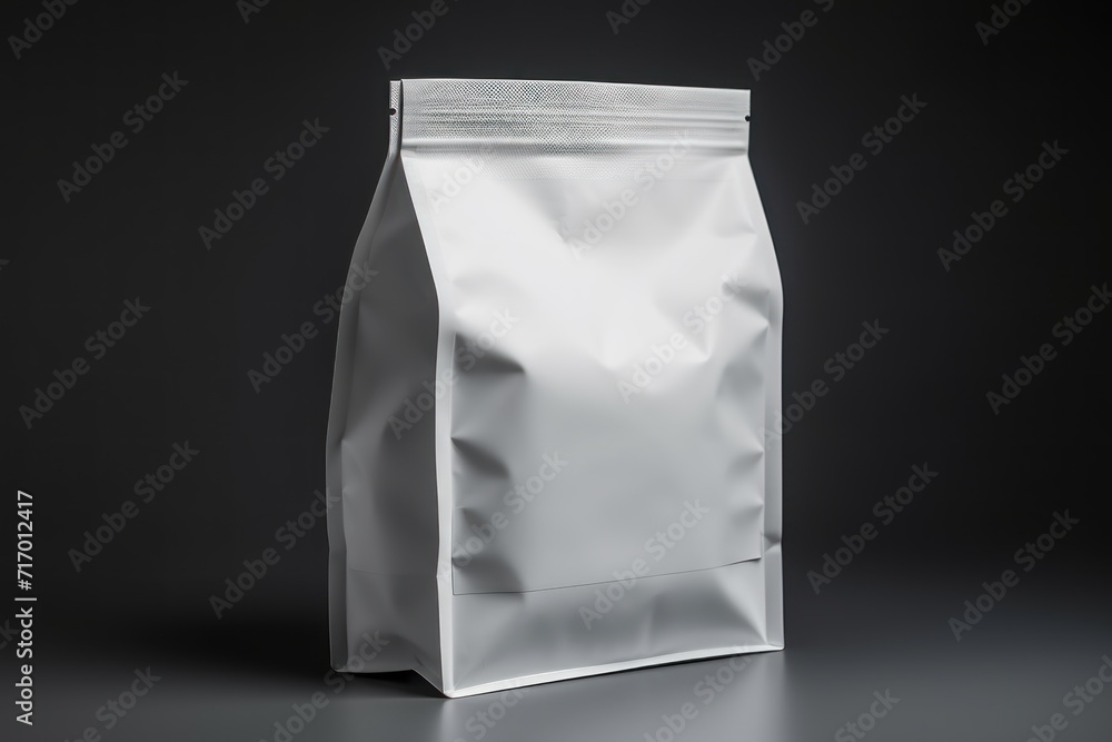 White bag package mockup on gray background. Blank Food Blank foil bag Mockup. Mockup. Delivery Concept.