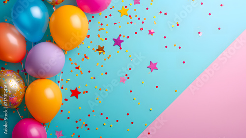 Group of Balloons and Confetti on Blue and Pink Background