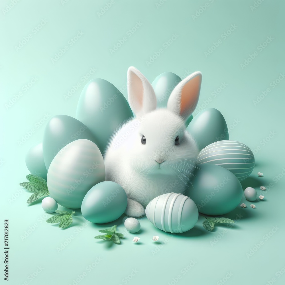 Cute fluffy white Easter bunny is lying among the eggs on a pastel mint background. Easter holiday concept in minimalism style. Fashion monochromatic composition. Copy space for design. Cute fluffy white Easter bunny is lying among the eggs on a pastel mint background. Easter holiday concept in minimalism style. Fashion monochromatic composition. Copy space for design.