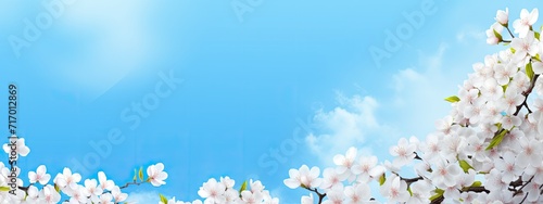 Branches of blossoming cherry background with blue sky, spring banner panorama, copy space