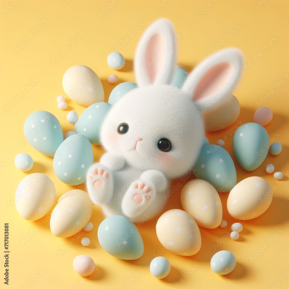 Fototapeta premium Cute fluffy white Easter bunny is lying among the eggs on a pastel yellow background. Easter holiday concept in minimalism style. Fashion monochromatic composition. Copy space for design.