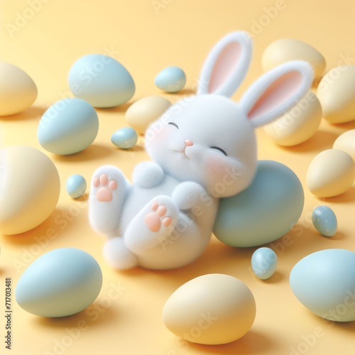 Cute fluffy white Easter bunny is lying among the eggs on a pastel yellow background. Easter holiday concept in minimalism style. Fashion monochromatic composition. Copy space for design.