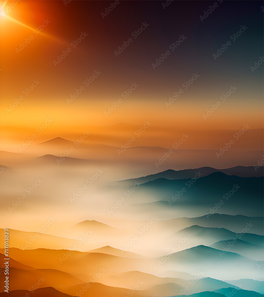 Landscape with mountains in the fog. Sunrise.  illustration.