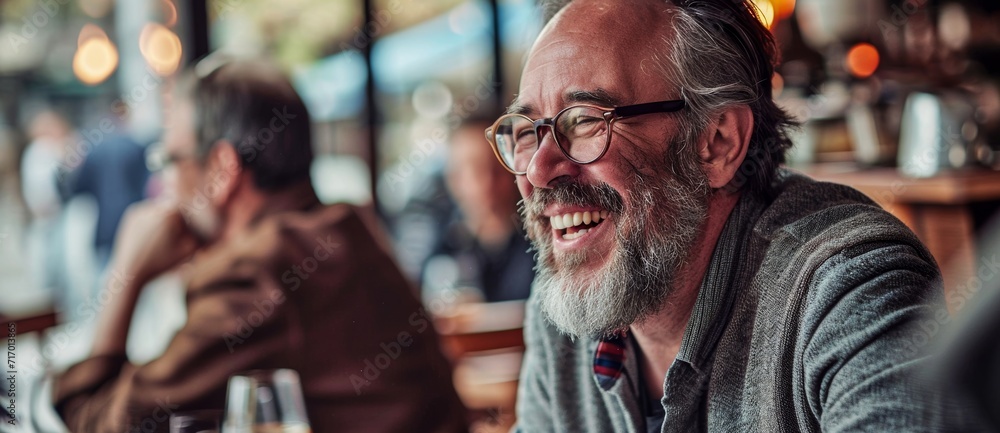 A stylish man with a full beard and glasses laughs with joy on the busy street, exuding a warm and inviting energy