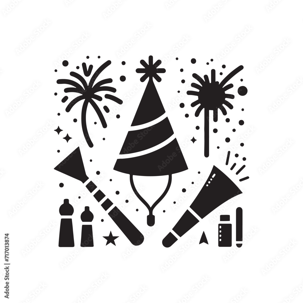 Festive Flourish: Silhouetted Party Hat and Noise Maker Illustration Adding a Flourish of Joy to Celebrations - Party Illustration - Celebration Vector - Party Silhouette
