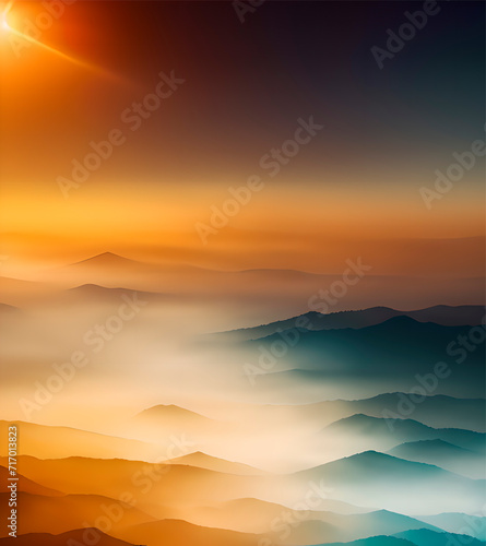 Landscape with mountains in the fog. Sunrise. illustration.