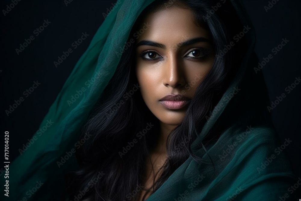 Naklejka premium Enigmatic Portrait of a Woman Draped in Emerald