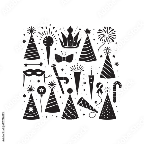 Radiant Revelry: Party Hat and Noise Maker Silhouettes Radiating the Joy of Celebration - Party Hat and Noise Maker Illustration - Noise Maker Vector
