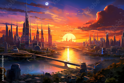 futuristic city skyline at sunset