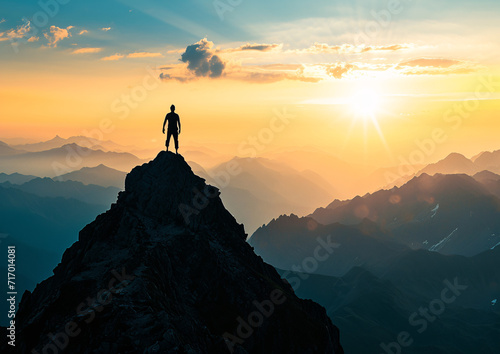 Silhouette of a man on top of a mountain peak