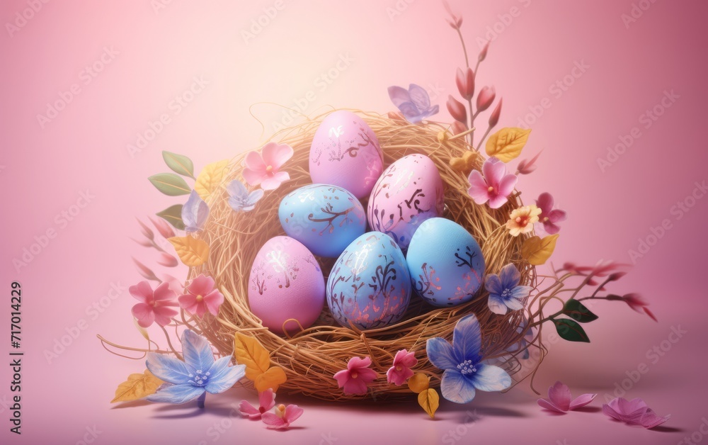 Easter eggs, nests and flowers background