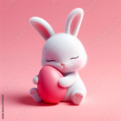 Cute fluffy white Easter bunny hugs a pastel pink egg on a pastel pink background. Easter holiday concept in minimalism style. Fashion monochromatic composition. Copy space for design.