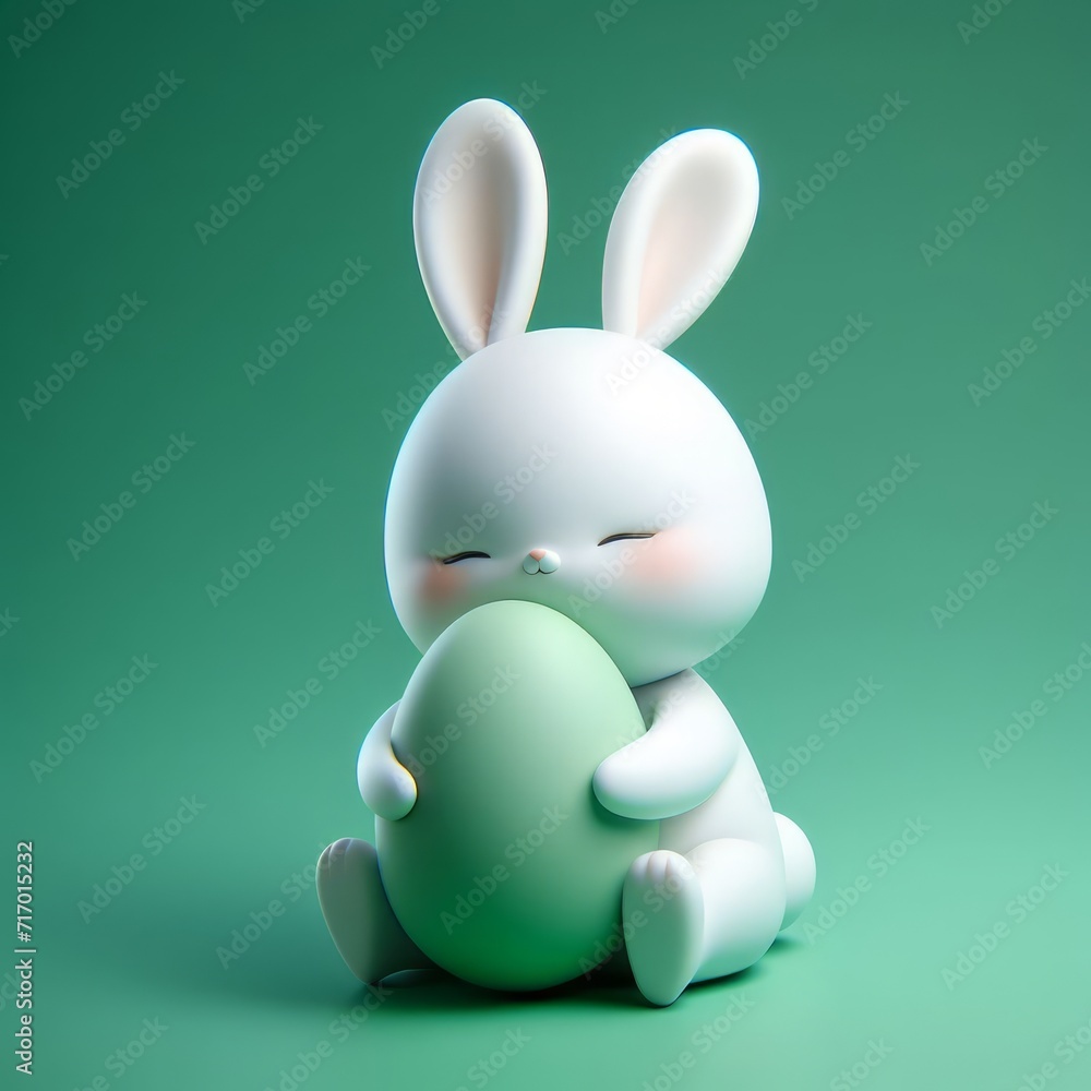 Cute fluffy white Easter bunny hugs a green egg on a green background. Easter holiday concept in minimalism style. Fashion monochromatic composition. Copy space for design. Cute fluffy white Easter bunny hugs a green egg on a green background. Easter holiday concept in minimalism style. Fashion monochromatic composition. Copy space for design.