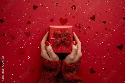 Close up female hands hold a red gift with a red ribbon on a red background among heart-shaped confetti. Valentine's day, romance, love, anniversary concept photo