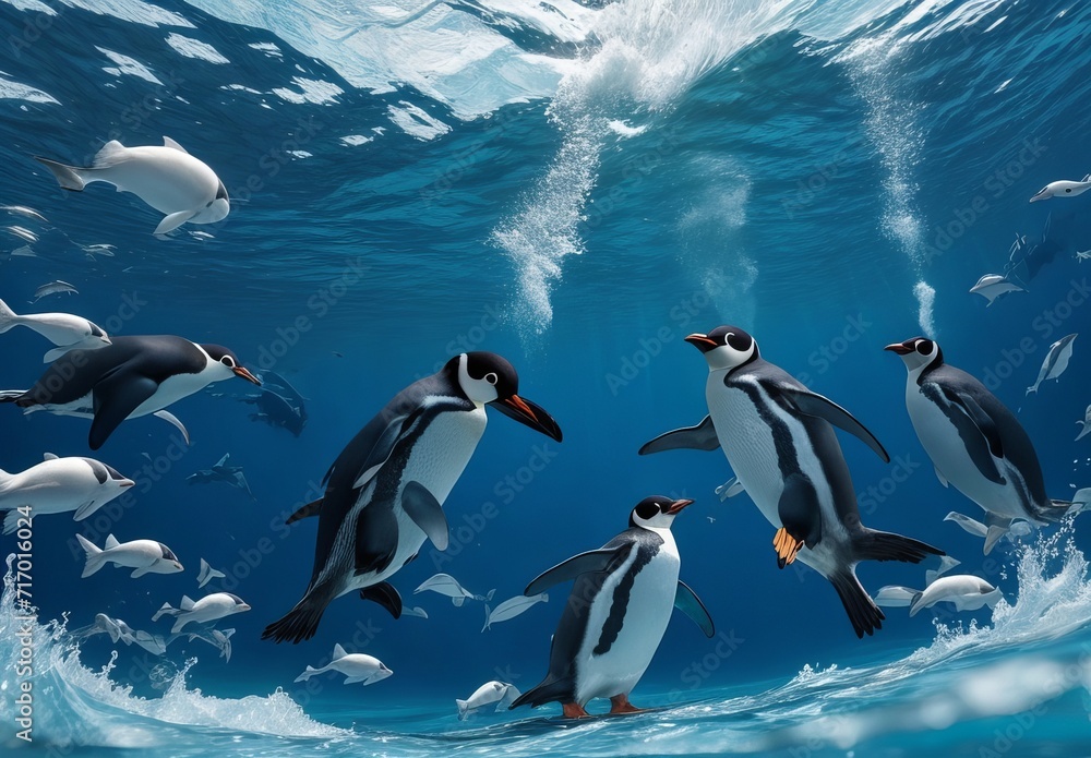 Obraz premium A couple of penguins swimming in the ocean with