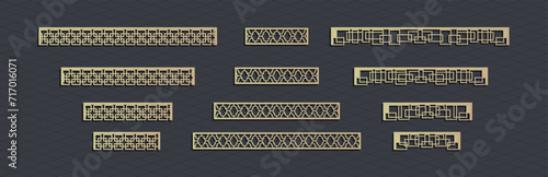 Laser cut template panels set. Die cut geometric pattern rectangle shape for metal , wooden, paper, engraving, stencil. Vector illustration design.