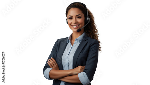 Portrait of a happy call center black woman arms crossed isolated on a transparent background for consulting. Smile, customer support or service career with a young employee on PNG for telemarketing photo