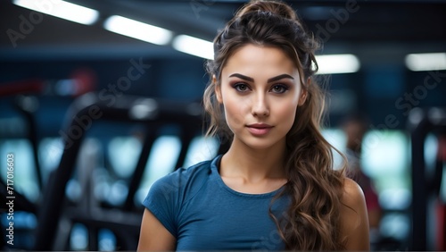 A woman exudes determination and focus as she strides confidently on a treadmill, bathed in warm cinematic lighting. Sweat glistens on her skin, a testament to her effort.