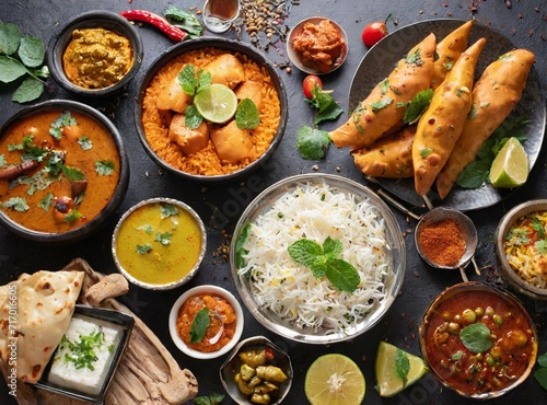 Indian food assorted isolated on black background