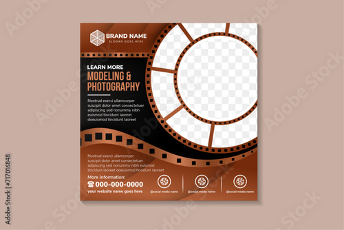 abstract social media post banner design template for modeling and photography. square layout with space for photo collage. film strip shape border in classic design with brown and black colors.