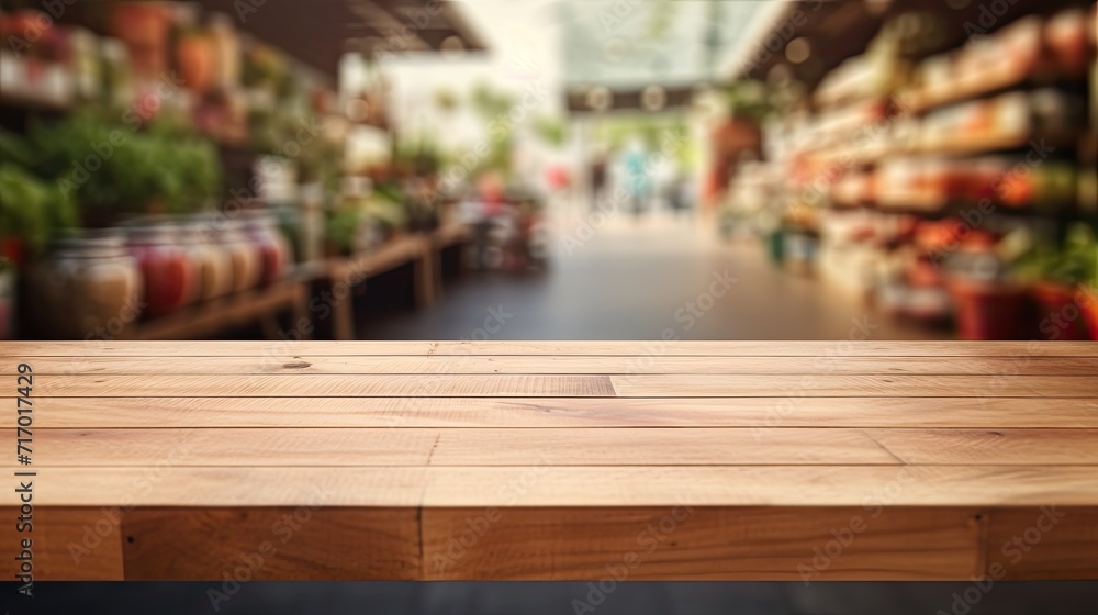 empty wooden table with grocery store background. Table for displaying products. Market banner