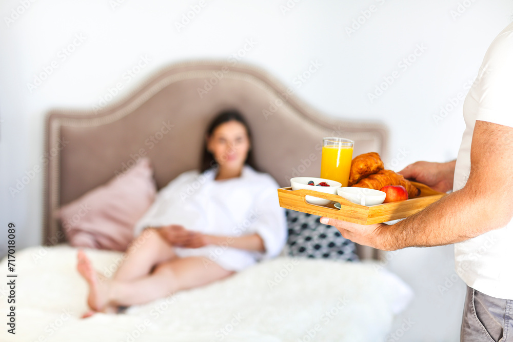 Healthy breakfast with coffee, orange juice, croisan and oatmeal Healthy breakfast with coffee, orange juice, croisan and oatmeal