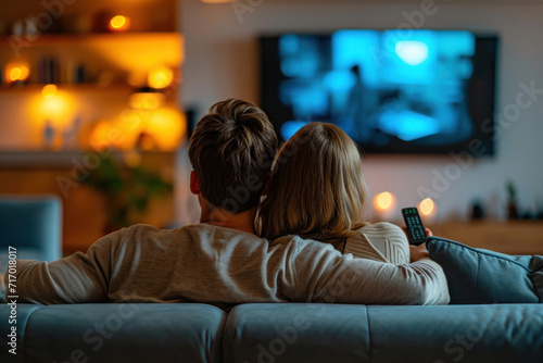 A Couple Enjoys a Movie Night at Home. Intimate and Relaxed Atmosphere with Warm Ambient Lighting