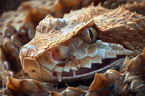 Sinister closeup of a striking Gaboon viper's fang structure. photo