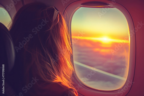 Sunset Serenity: A Passenger Gazes out of an Airplane Window at the Stunning Sky