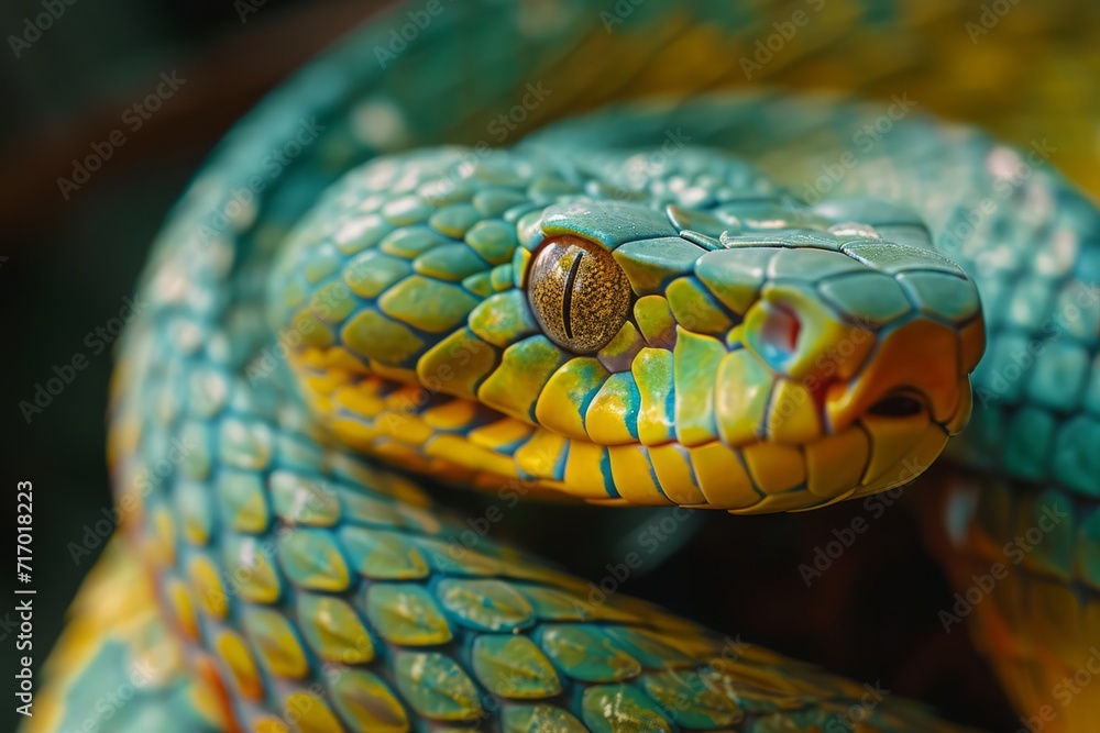 Fototapeta premium Close examination of a venomous boomslang snake's vibrant scales.