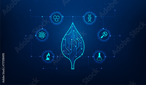 biology science and technology interface with icon on blue background. leaf biochemistry digital in science lab. genetics and dna in plants. vector illustration fantastic hi tech design.