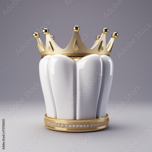 White tooth with small golden crown. White background.