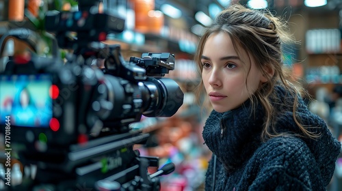 A young girl stands behind a professional camera. AI generate illustration