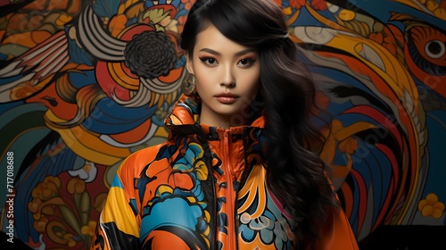 A striking Japanese model wearing a modern, avant-garde outfit featuring bold patterns and vibrant colors