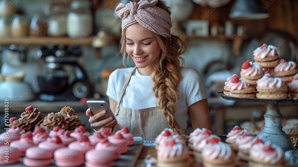 A young girl is recording herself with a smartphone while making a macarons. AI generate illustration