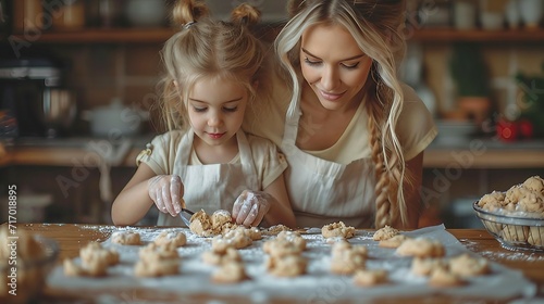 A mother and little daughter are cooking delicious cookies in a spacious kitchen. AI generate illustration