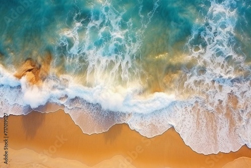 Top view of a sandy beach with ocean waves  perfect for a summer vacation and underwater ecosystem. Generative AI