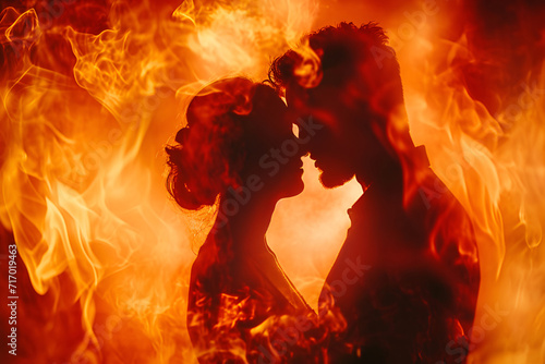 Passionate couple in love on the background of fire, double exposure